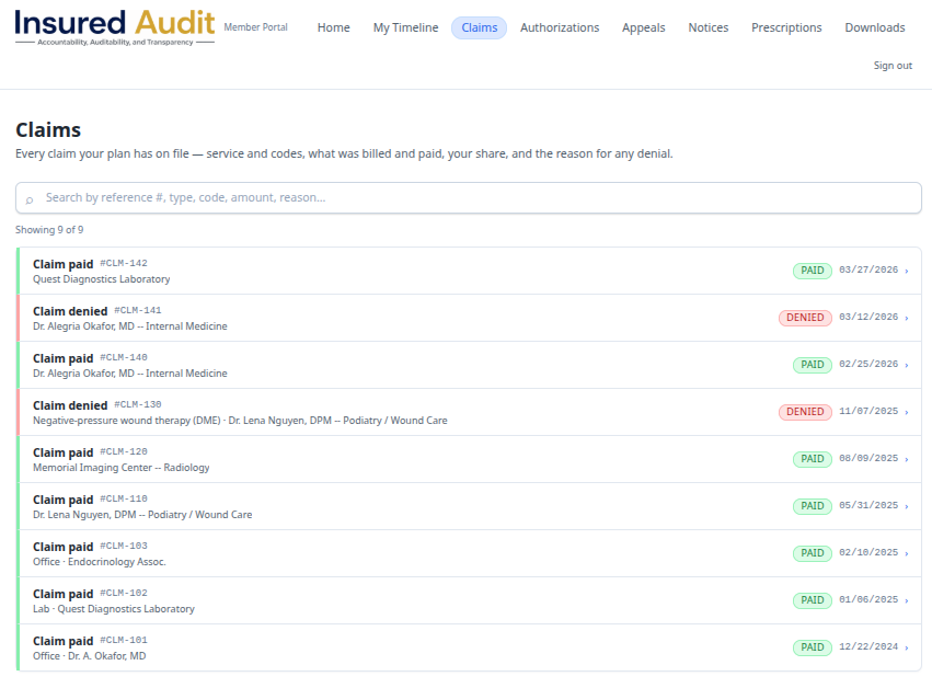 Member claims list with service, codes, provider, and reason